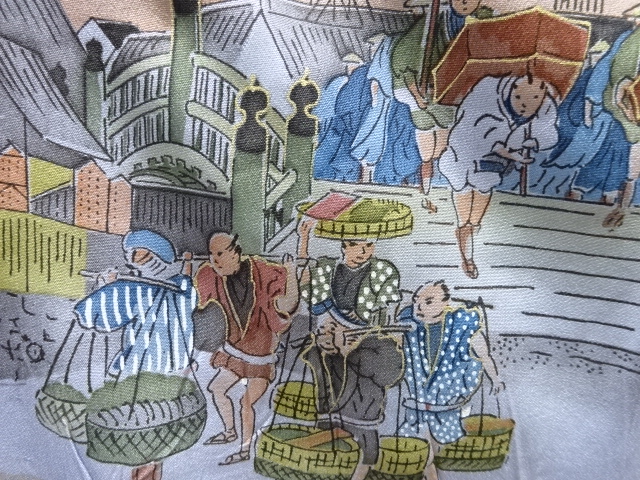 JAPANESE KIMONO / ANTIQUE MENS JUBAN / SILK / SCENERY OF FUJI & PEOPLE IN THE PAST